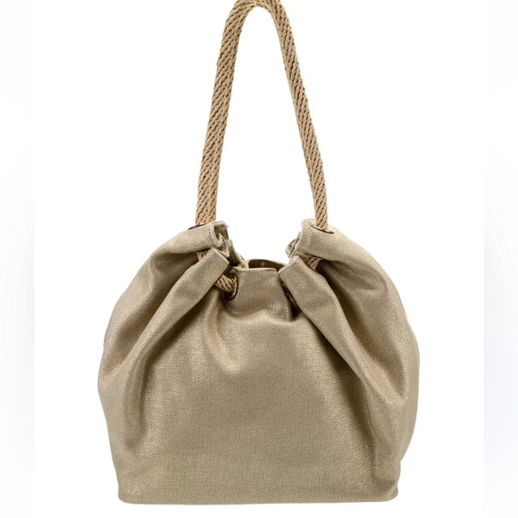 Michael Kors Handbags - Michael Kors Gold Metallic Marina Large Canvas Drawstring Tote Hobo Bag